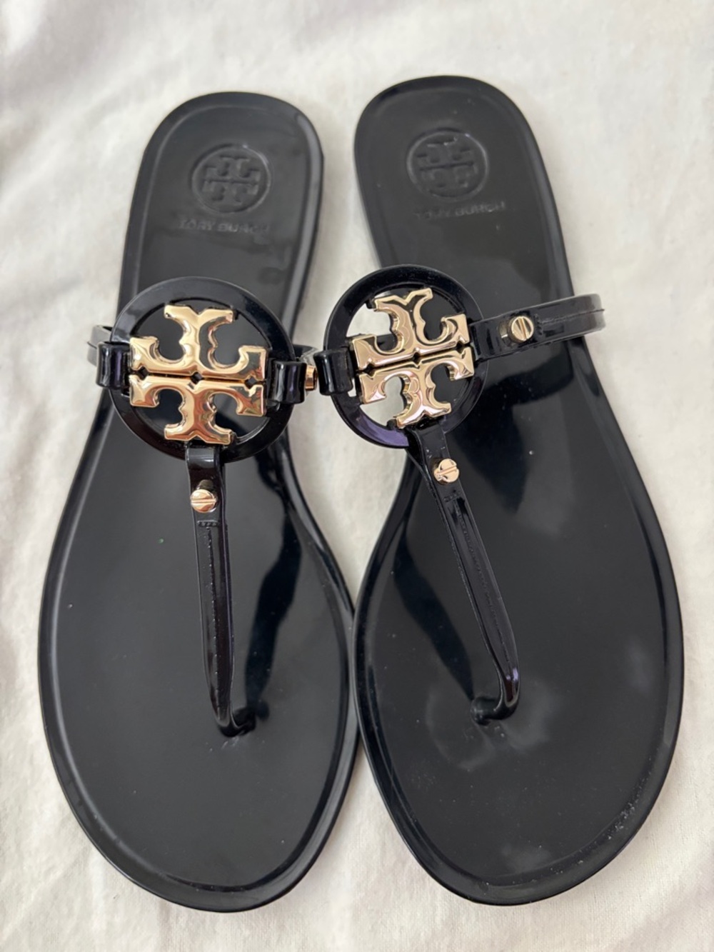 Tory Burch Black Patent Thong Sandals with Gold Logo